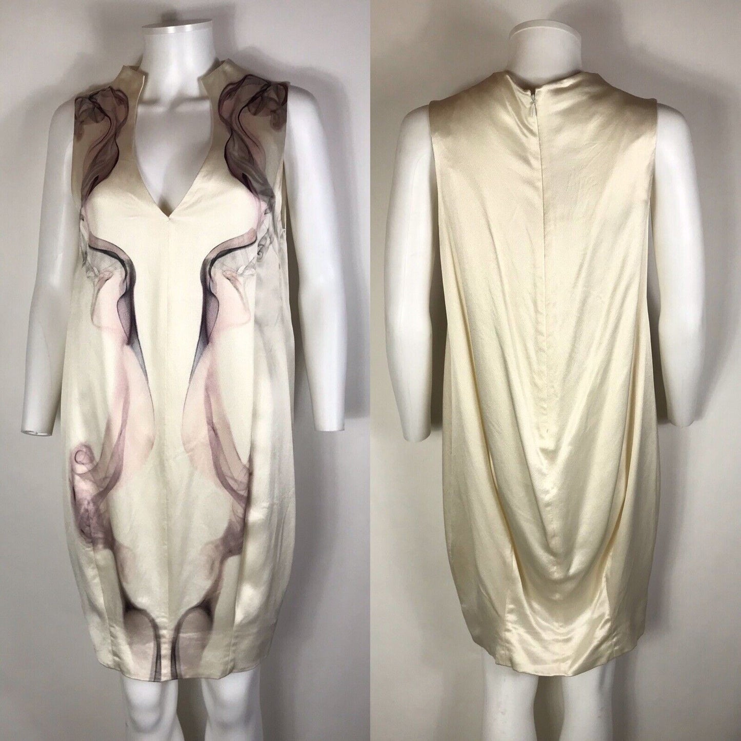 Rare Vtg Alexander McQueen Ivory Smoke Print Dress S 2009