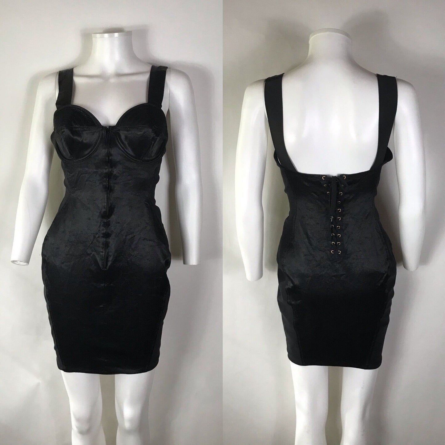 Rare Vtg Iconic Jean Paul Gaultier 90s Junior Satin Black Cone Bra Dress S