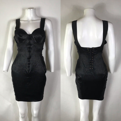 Rare Vtg Iconic Jean Paul Gaultier 90s Junior Satin Black Cone Bra Dress S