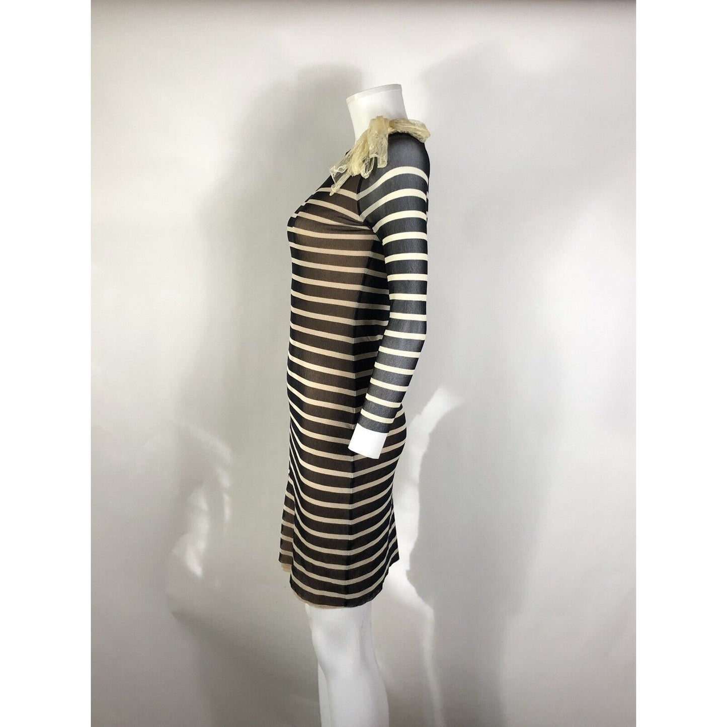 Rare Vtg Jean Paul Gaultier Soleil Black Striped Sheer Bow Dress S