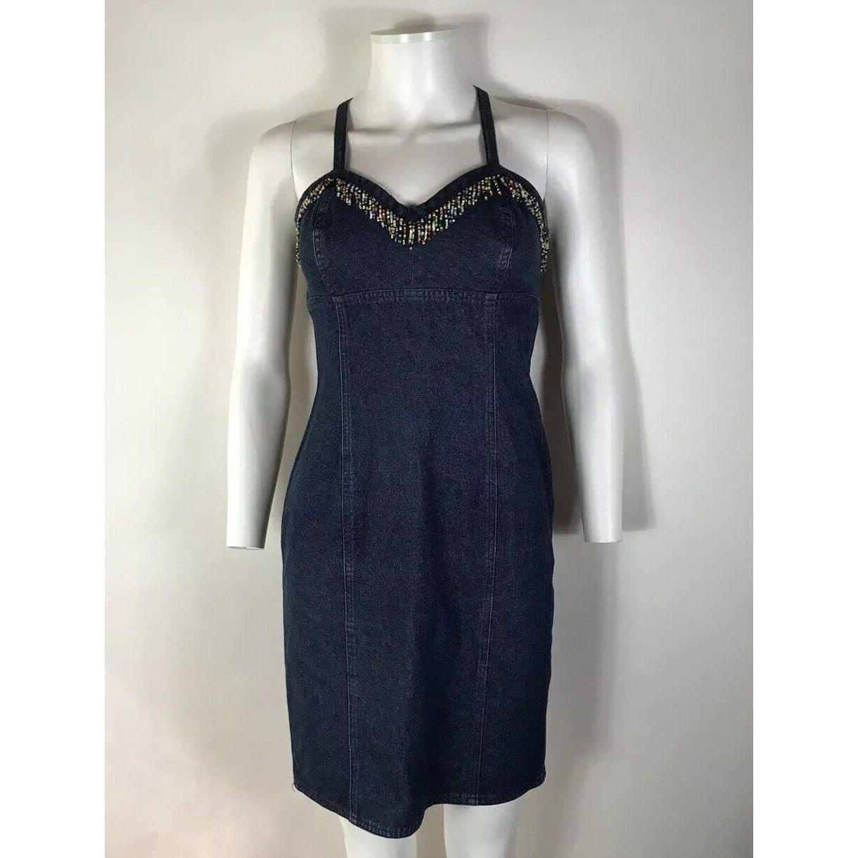 Rare Vtg Moschino Jeans Denim Bead Fringe Dress XS