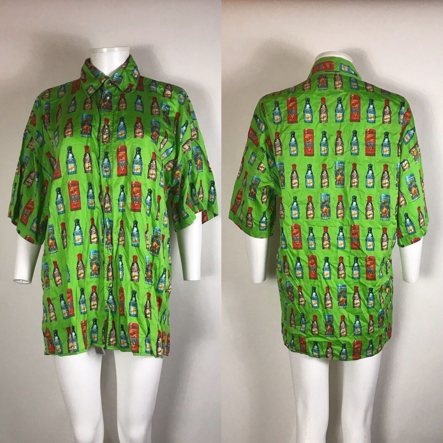 Rare Vtg Gianni Versace Jeans Green Perfume Bottle Print Shirt S