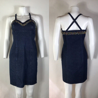 Rare Vtg Moschino Jeans Denim Bead Fringe Dress XS