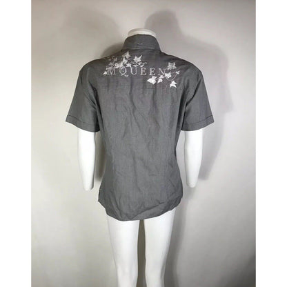 Rare Vtg Alexander McQueen Gray Embroidered Logo Shirt M 48