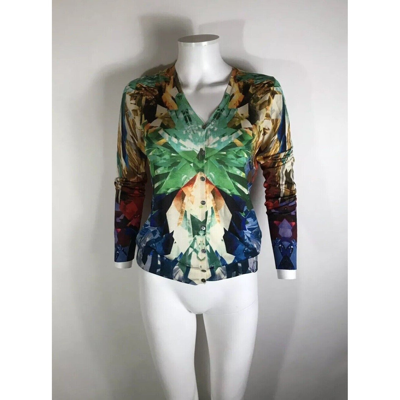 Rare Vtg Alexander McQueen Multicolor Crystal Print Silk Cardigan Top M SS2009