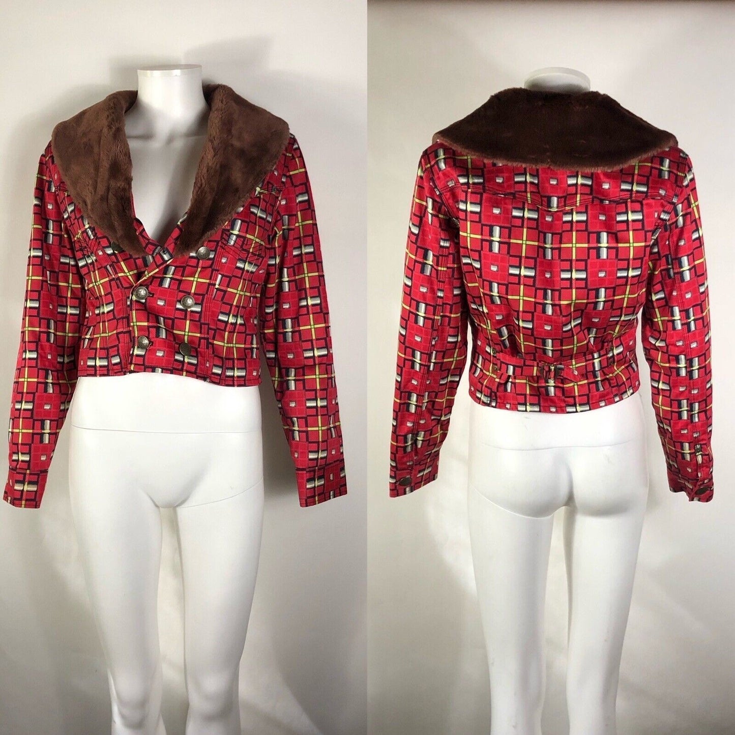 Rare Vtg Jean Paul Gaultier Jean’s Red Printed Faux Fur Collar Jacket S