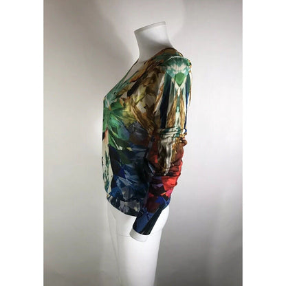 Rare Vtg Alexander McQueen Multicolor Crystal Print Silk Cardigan Top M SS2009