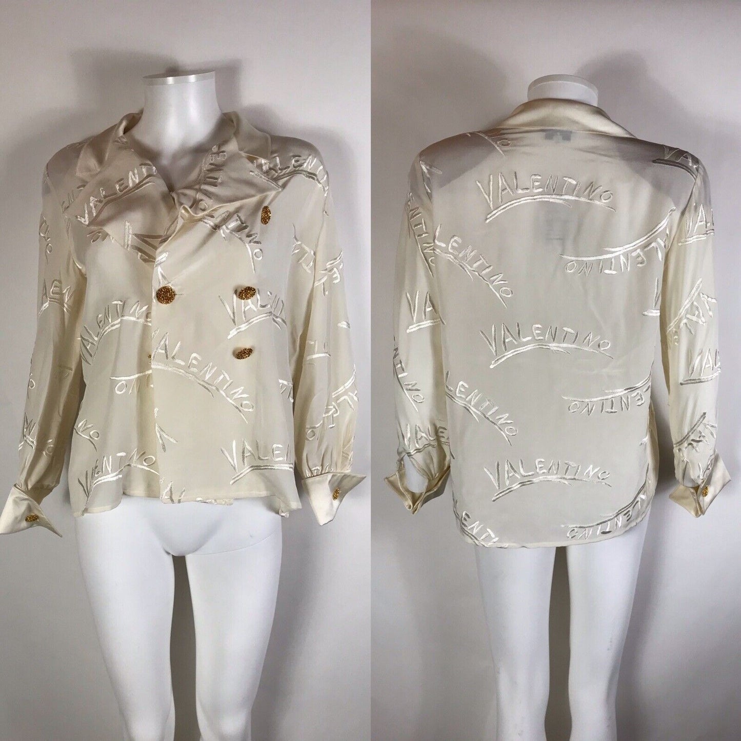 Rare Vtg Valentino Garavani 90s Silk Embroidered Logo Shirt S