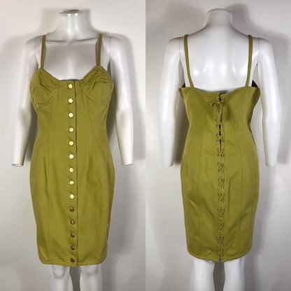 Rare Vtg Jean Paul Gaultier Yellow Green Denim Corset Dress M