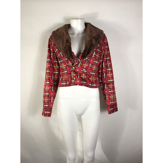 Rare Vtg Jean Paul Gaultier Jean’s Red Printed Faux Fur Collar Jacket S