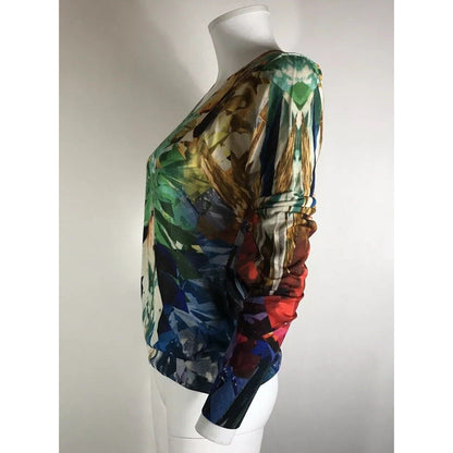 Rare Vtg Alexander McQueen Multicolor Crystal Print Silk Cardigan Top M SS2009