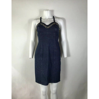 Rare Vtg Moschino Jeans Denim Bead Fringe Dress XS