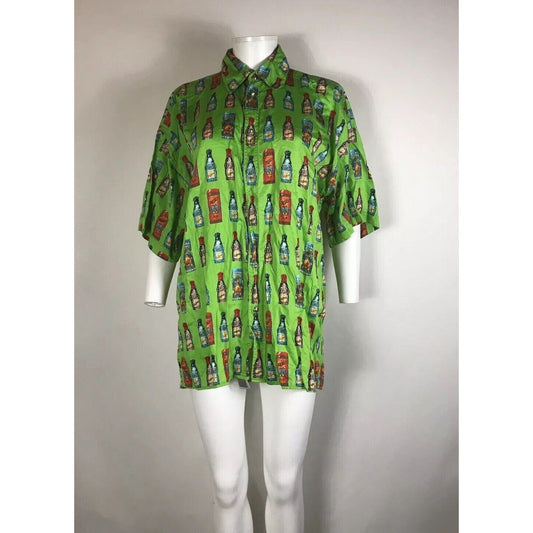 Rare Vtg Gianni Versace Jeans Green Perfume Bottle Print Shirt S