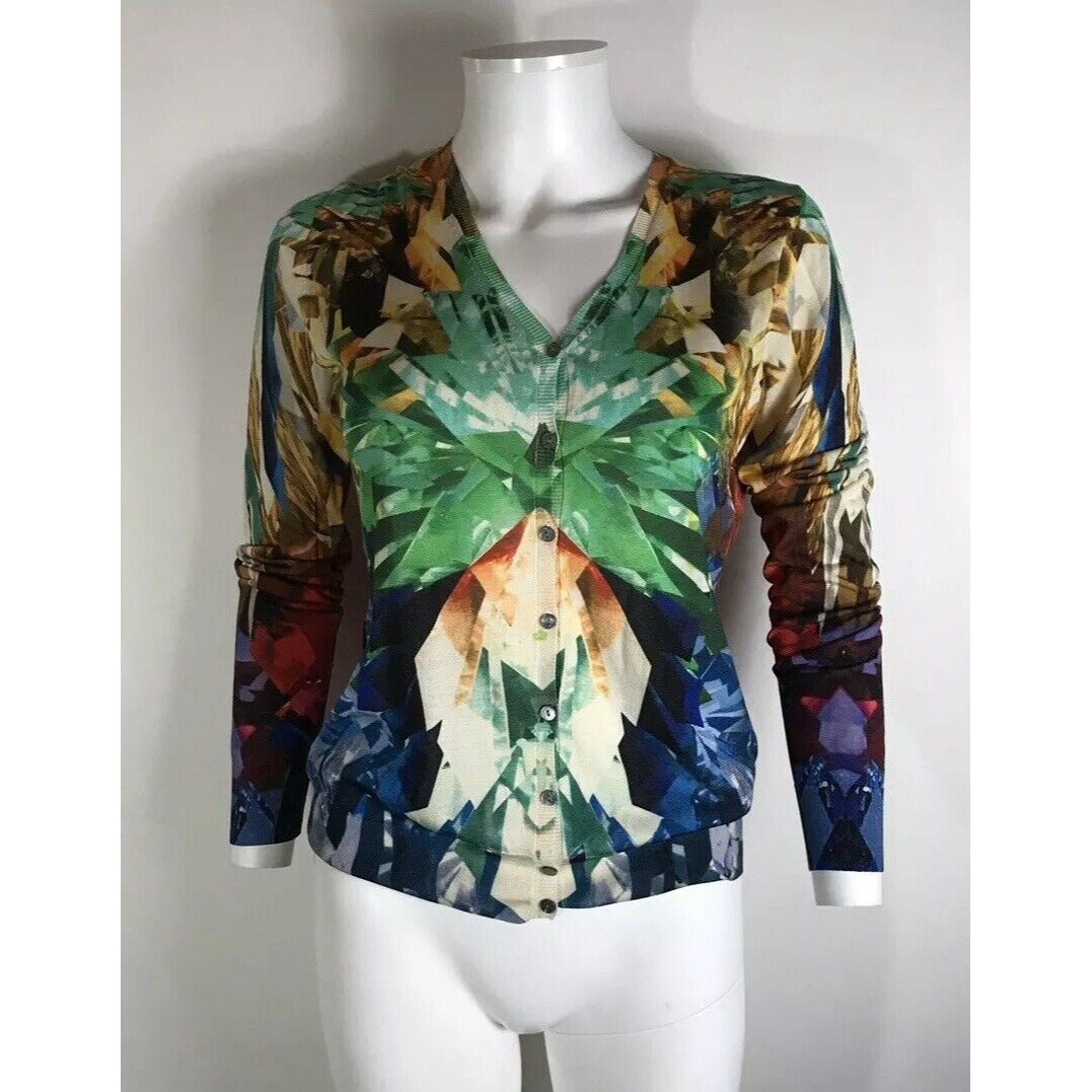 Rare Vtg Alexander McQueen Multicolor Crystal Print Silk Cardigan Top M SS2009