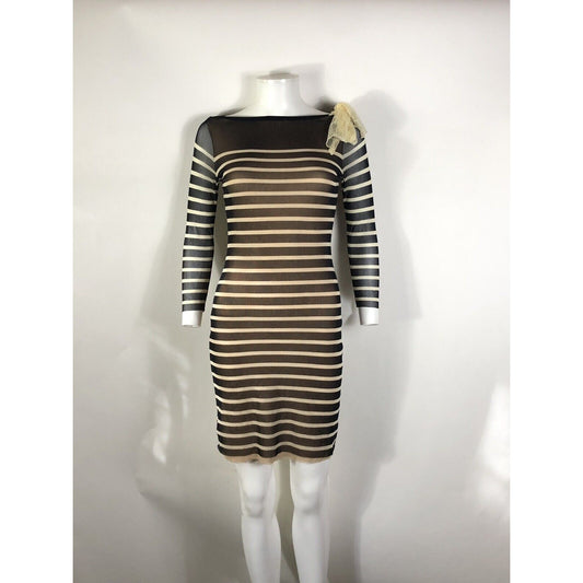 Rare Vtg Jean Paul Gaultier Soleil Black Striped Sheer Bow Dress S