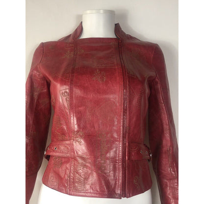 Rare Vtg John Galliano Red Logo Embossed Leather Jacket XS