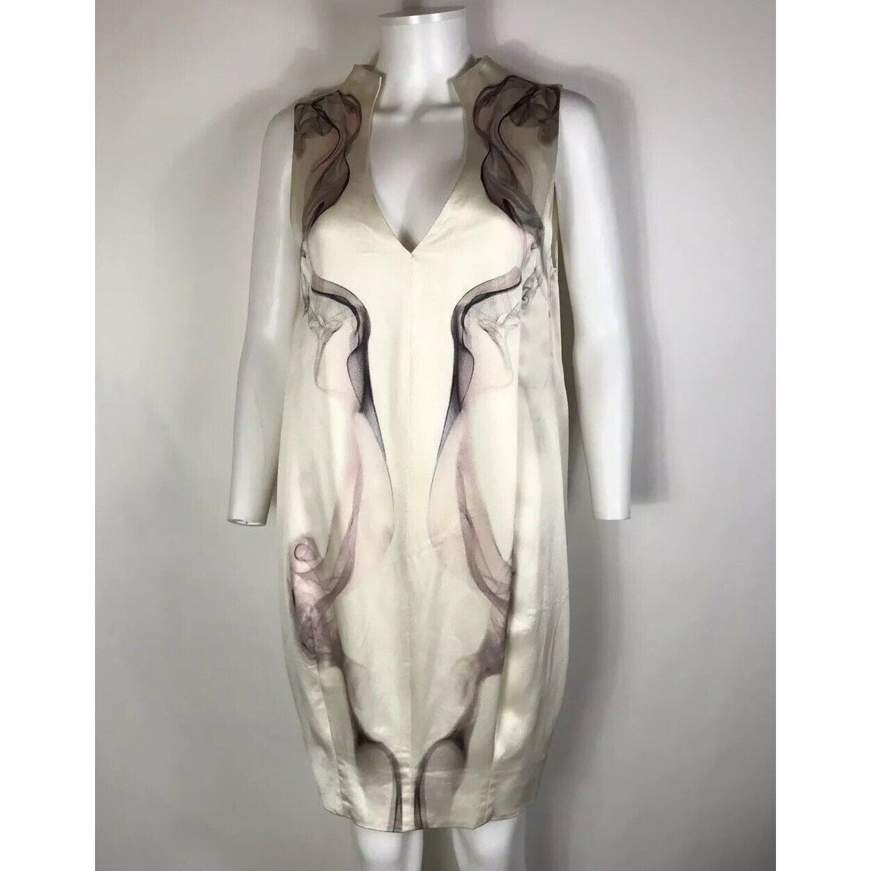 Rare Vtg Alexander McQueen Ivory Smoke Print Dress S 2009