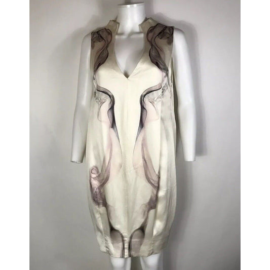 Rare Vtg Alexander McQueen Ivory Smoke Print Dress S 2009