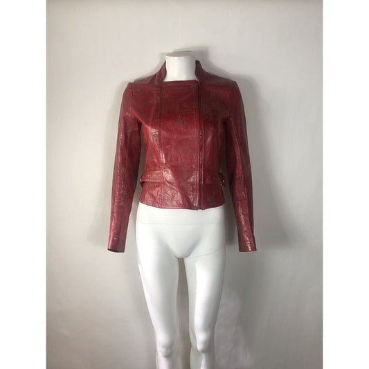 Rare Vtg John Galliano Red Logo Embossed Leather Jacket XS