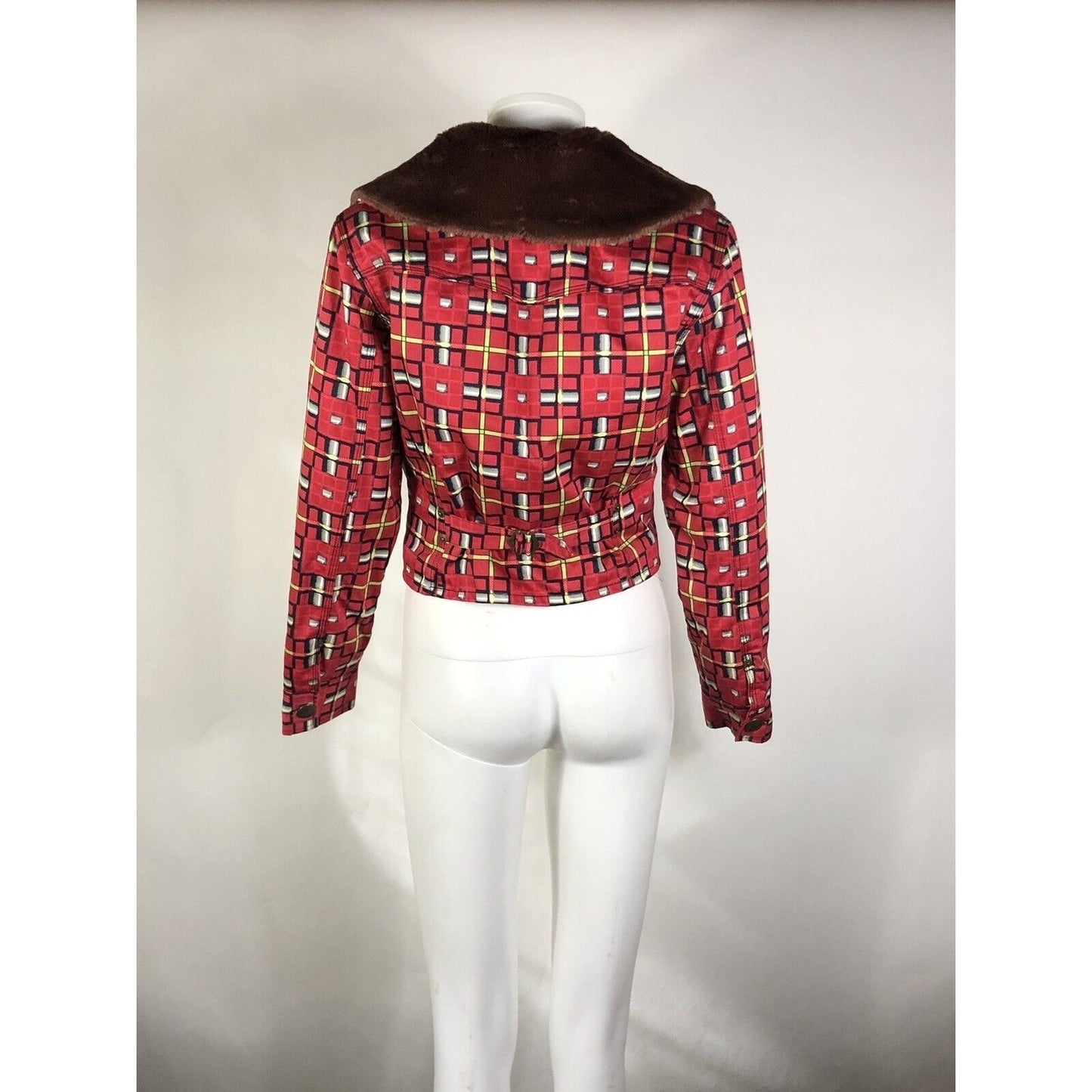 Rare Vtg Jean Paul Gaultier Jean’s Red Printed Faux Fur Collar Jacket S