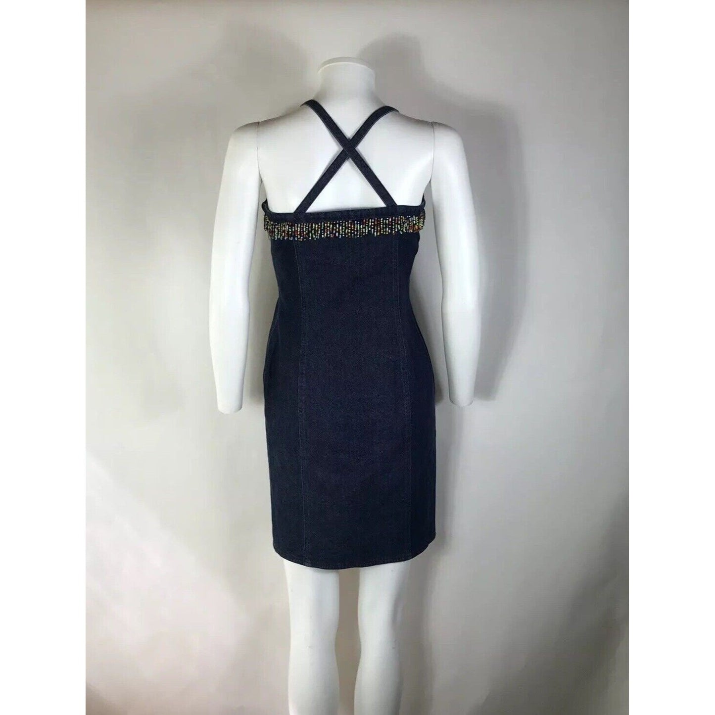 Rare Vtg Moschino Jeans Denim Bead Fringe Dress XS