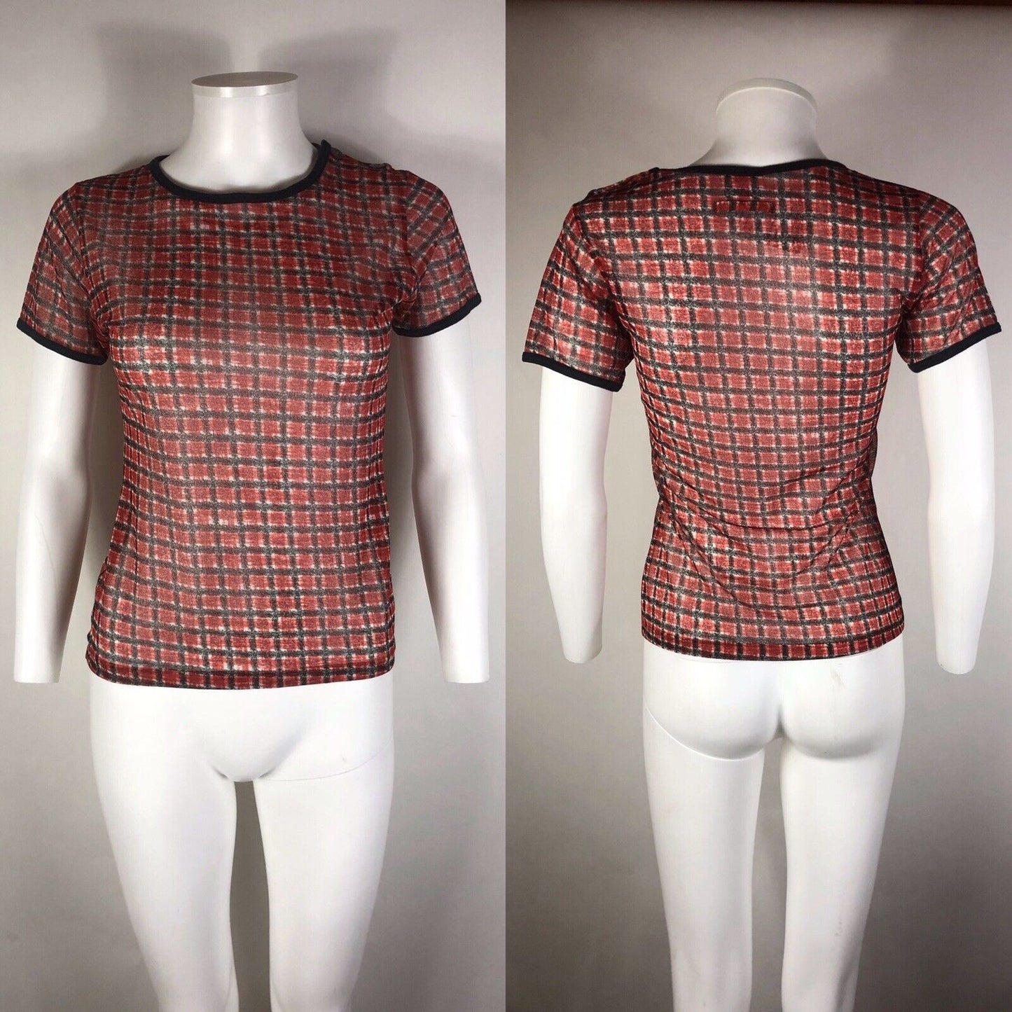 Rare Vtg Jean Paul Gaultier Red Square Print Mesh Top S