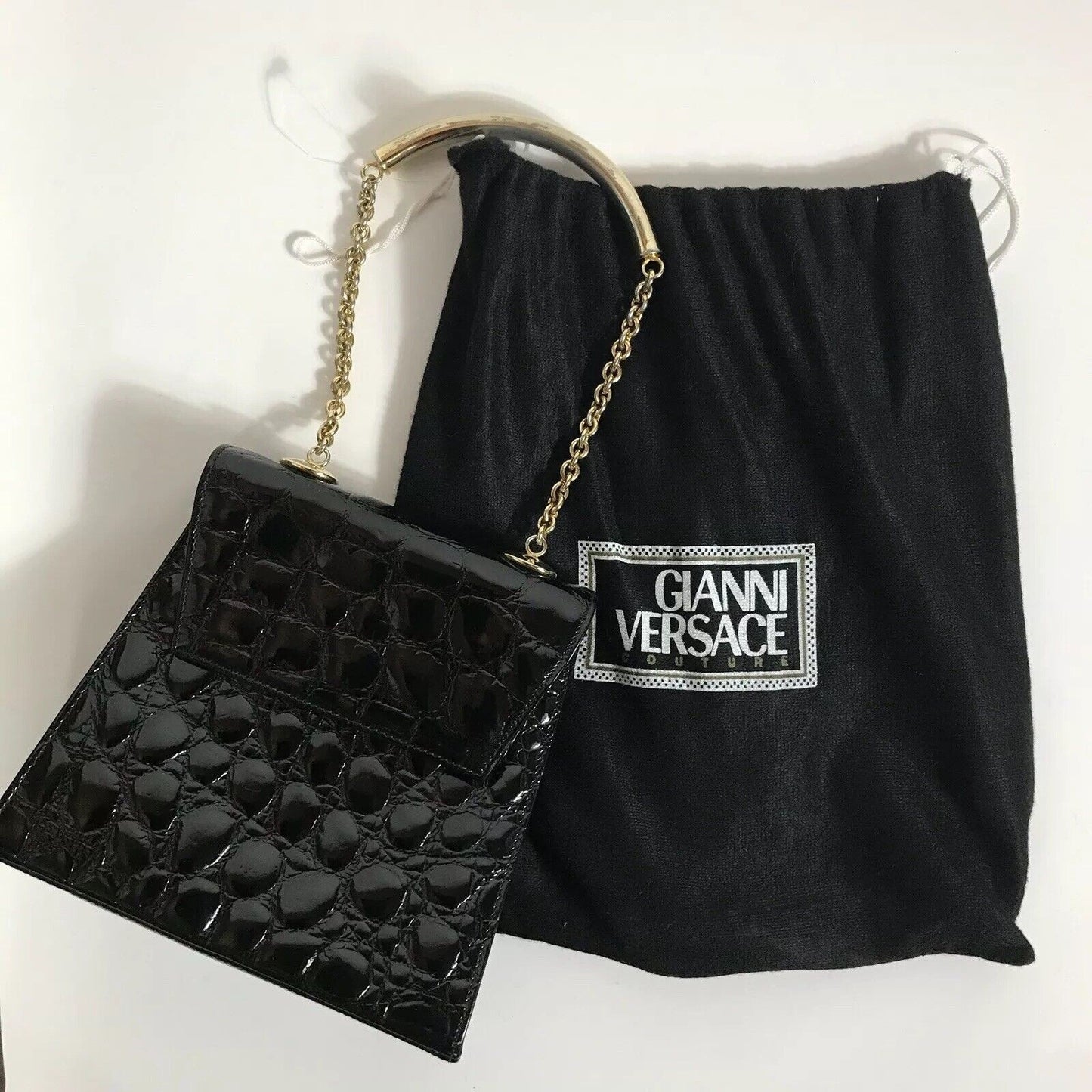 Rare Vtg Gianni Versace Black Patent Croc Bag