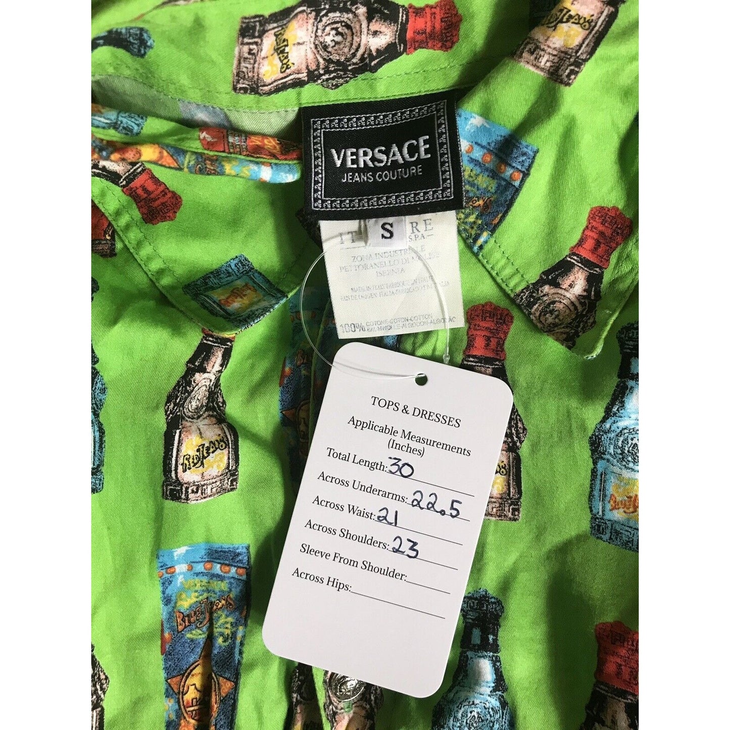 Rare Vtg Gianni Versace Jeans Green Perfume Bottle Print Shirt S