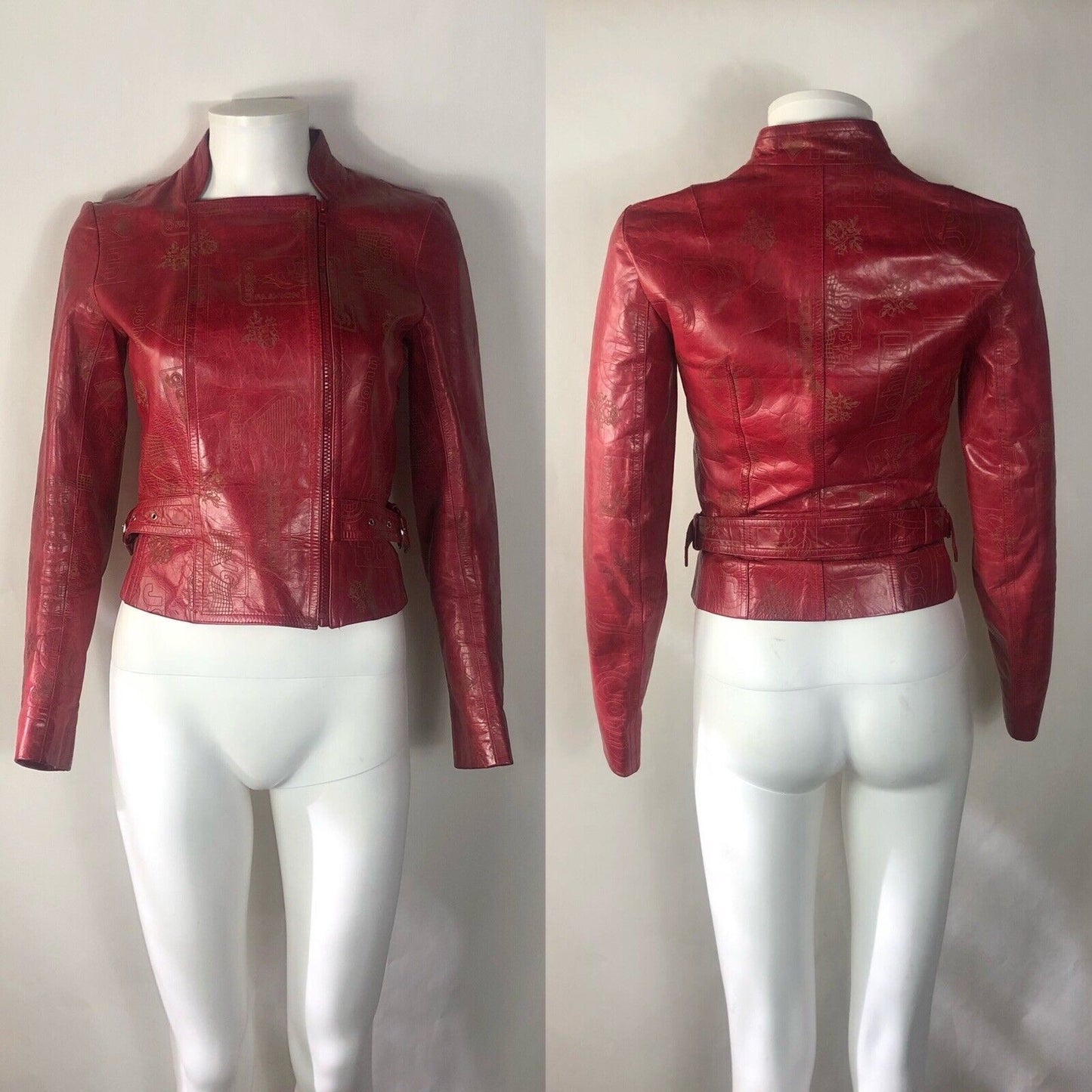 Rare Vtg John Galliano Red Logo Embossed Leather Jacket XS