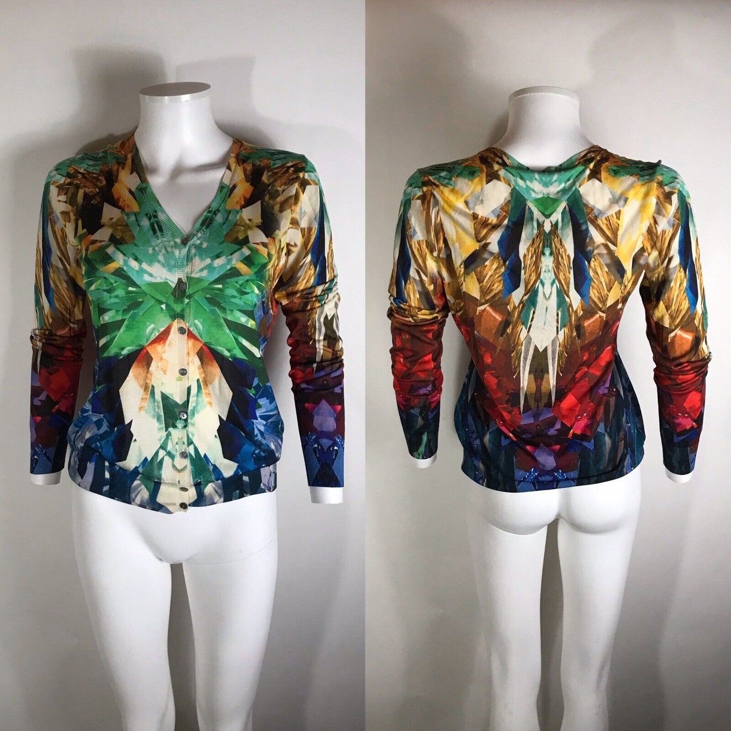 Rare Vtg Alexander McQueen Multicolor Crystal Print Silk Cardigan Top M SS2009