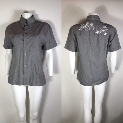 Rare Vtg Alexander McQueen Gray Embroidered Logo Shirt M 48